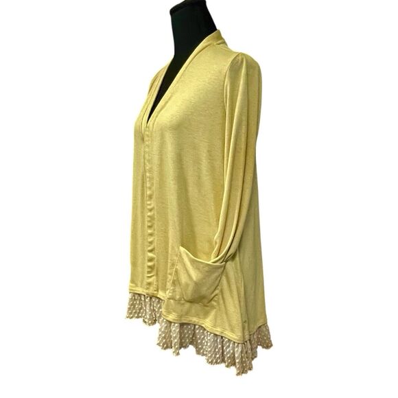 LOGO Cardigan Mustard Yellow With Ruffle Hem & Pockets Long Sleeves - Picture 3 of 10